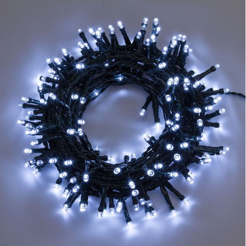 Lotti cadena cadena 12,8 mt serie 320 luces navideñas LED Ø 5 mm reflectante blanco frío con 8 juegos de luces y cable verde memoria para exterior e interior