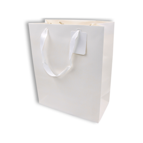 12 buste regalo shopper in carta colore bianco 26x12,5x32 h con manico in nastrino busta